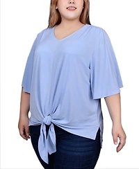 Ny Collection Plus Elbow Sleeve Tie-Front Top