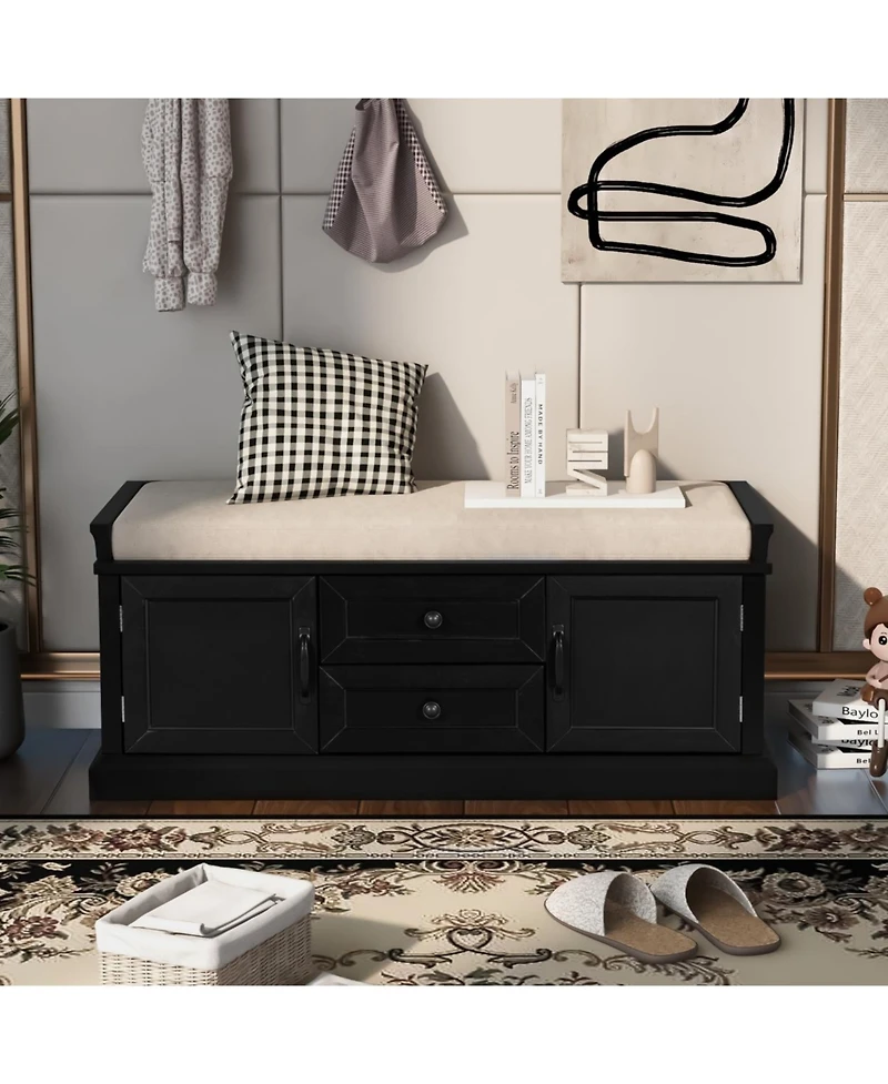 Streamdale Furniture Storage Bench With 2 Drawers And 2 Cabinets, Shoe Bench With Removable Cushion For Living Room