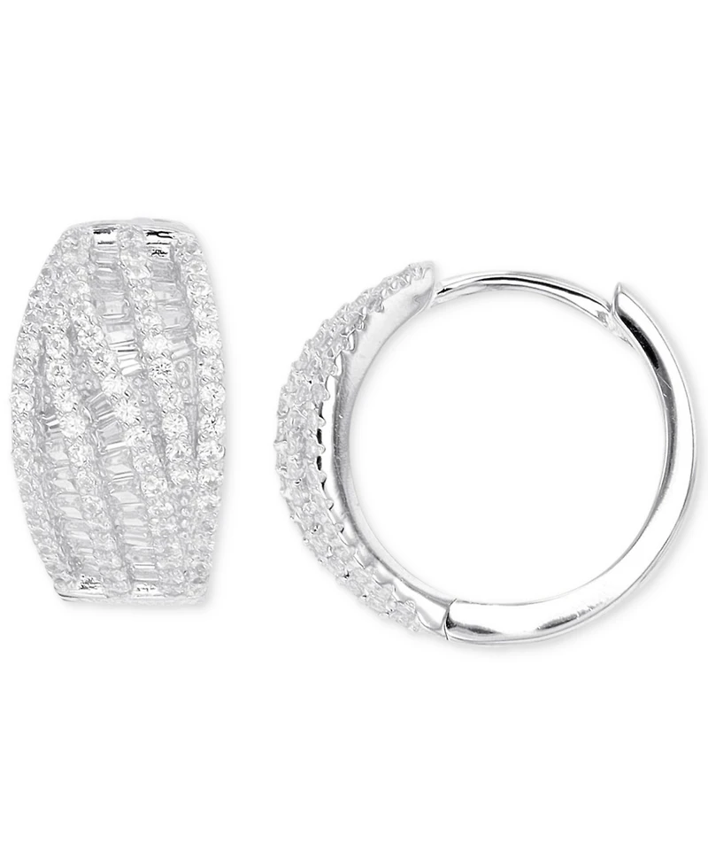 Cubic Zirconia Round & Baguette Swirl Small Hoop Earrings in Sterling Silver, 0.59"