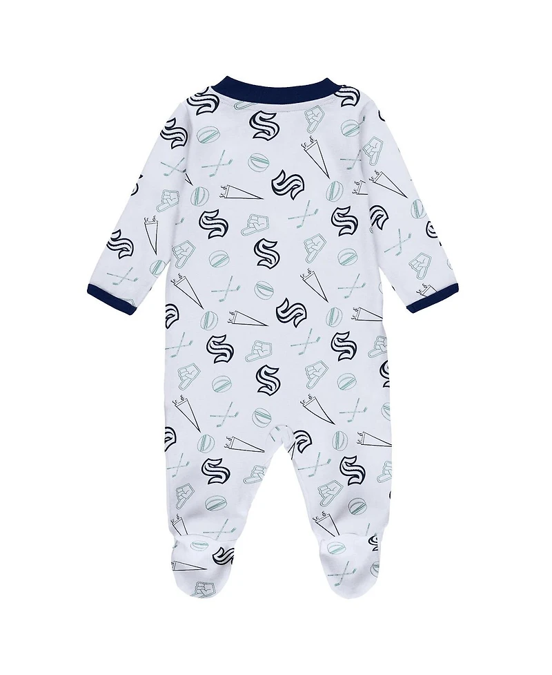 Baby Boys and Girls Wear by Erin Andrews White Seattle Kraken Sleep Play Full-Zip Footed Jumper with Bib