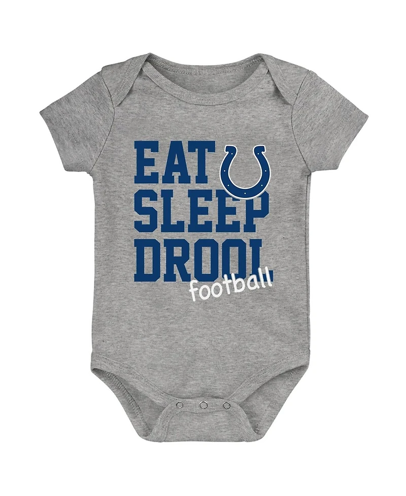 Baby Boys and Girls Royal, White, Heather Gray Indianapolis Colts Three-Pack Eat, Sleep and Drool Retro Bodysuit Set