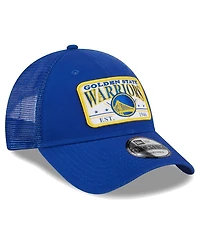 Men's New Era Royal Golden State Warriors Plate Oversized Patch Trucker 9FORTY Adjustable Hat