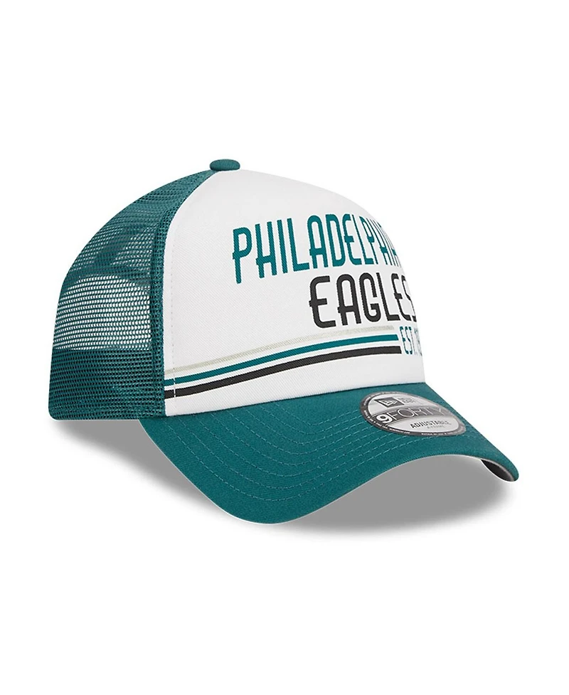 Men's New Era White, Midnight Green Philadelphia Eagles Stacked A-Frame Trucker 9FORTY Adjustable Hat