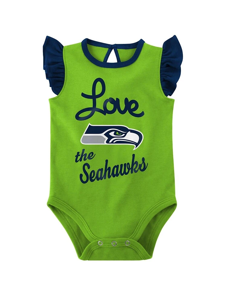 Baby Girls Navy, Neon Green Seattle Seahawks Spread the Love 2-Pack Bodysuit Set