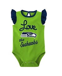 Baby Girls Navy, Neon Green Seattle Seahawks Spread the Love 2-Pack Bodysuit Set