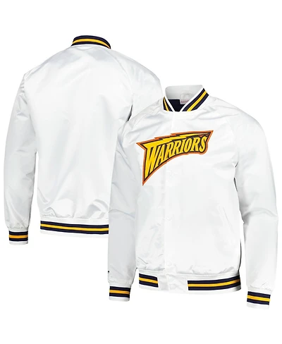 Men's Mitchell & Ness White Golden State Warriors Hardwood Classics Throwback Wordmark Raglan Full-Snap Jacket