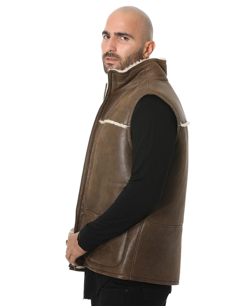 Furniq Uk Men's Sheepskin Waistcoat, Vinatge Camel with Beige Curly Wool