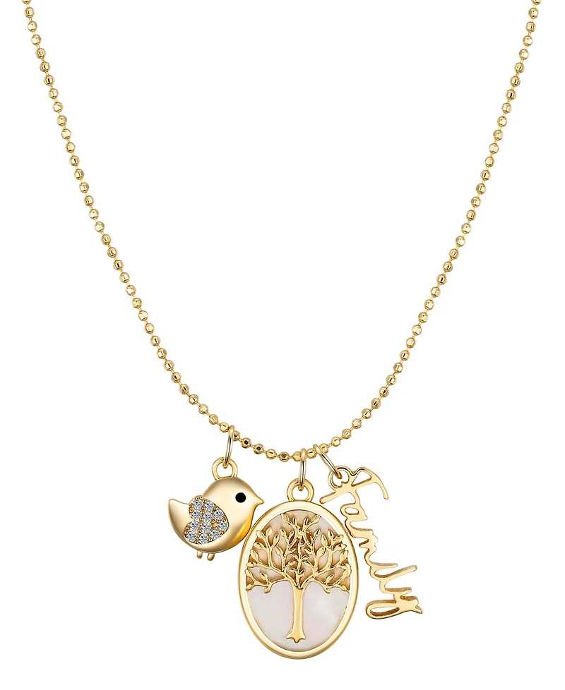Unwritten Cubic Zirconia Bird, Mother of Pearl Tree, 14K Gold Plated Family Pendant Necklace