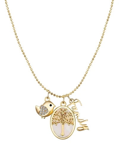 Unwritten Cubic Zirconia Bird, Mother of Pearl Tree, 14K Gold Plated Family Pendant Necklace