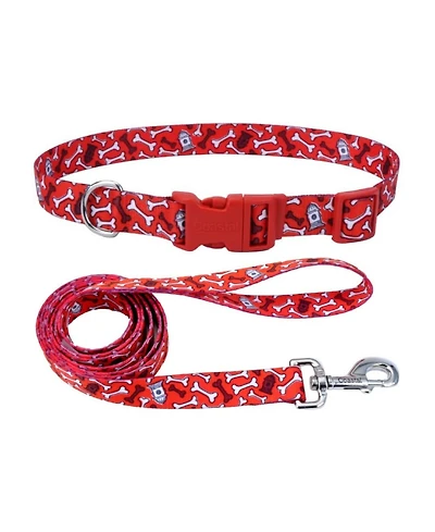 Coastal Pet Styles Dog Leash Set - Patterned Dog Leash (3/8" x 6') & Patterned Dog Collar (3/4" x 8"–12") - Red Bones