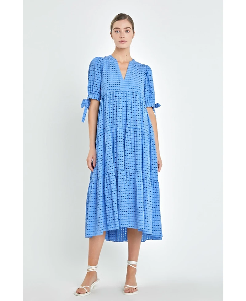 English Factory Women's Gingham Tiered Midi Dress with Bow Tie Sleeves