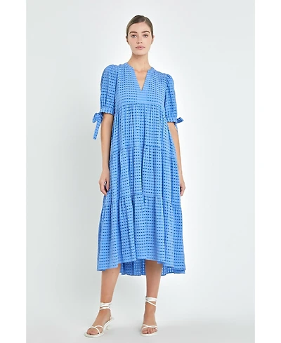 English Factory Women's Gingham Tiered Midi Dress with Bow Tie Sleeves