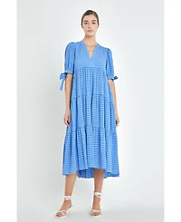 English Factory Women's Gingham Tiered Midi Dress with Bow Tie Sleeves