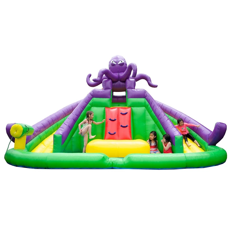 HeroKiddo Octopus Inflatable Water Slide with Splash Pool and Dual Slides for Kids and Toddlers (with Blower), Water Cannon, Climbing Wall, Backyard W