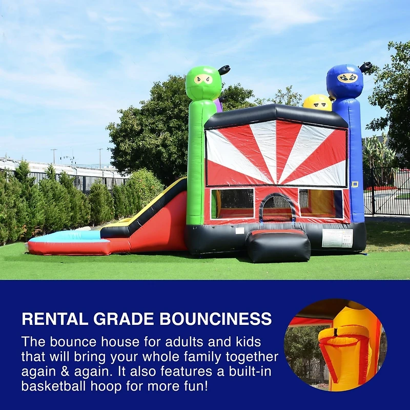 HeroKiddo Ninja Warrior Commercial Grade Bounce House Water Slide Combo with Splash Pool for Kids and Adults (with Blower), Wet Dry Use, Basketball Ho