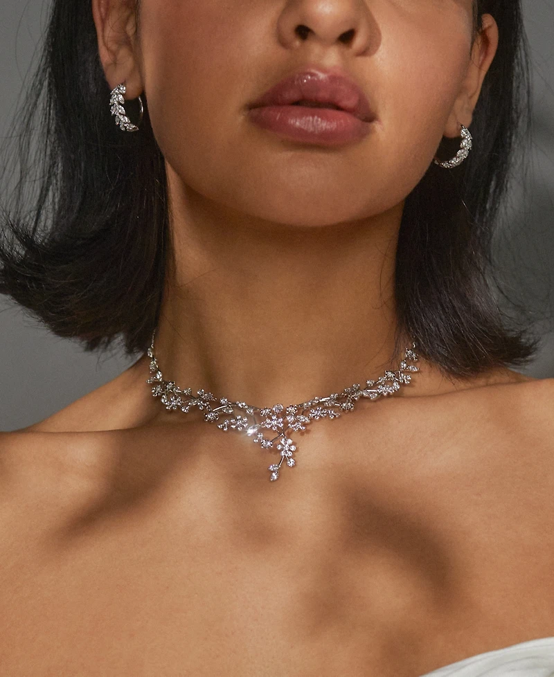 Eliot Danori Rhodium-Plated Cubic Zirconia Flower Statement Necklace, 16" + 2" extender, Created for Macy's