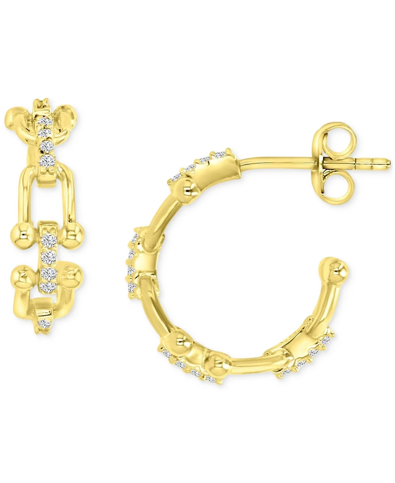 Cubic Zirconia Horsebit Small Hoop Earrings in 14k Gold-Plated Sterling Silver, 0.63"