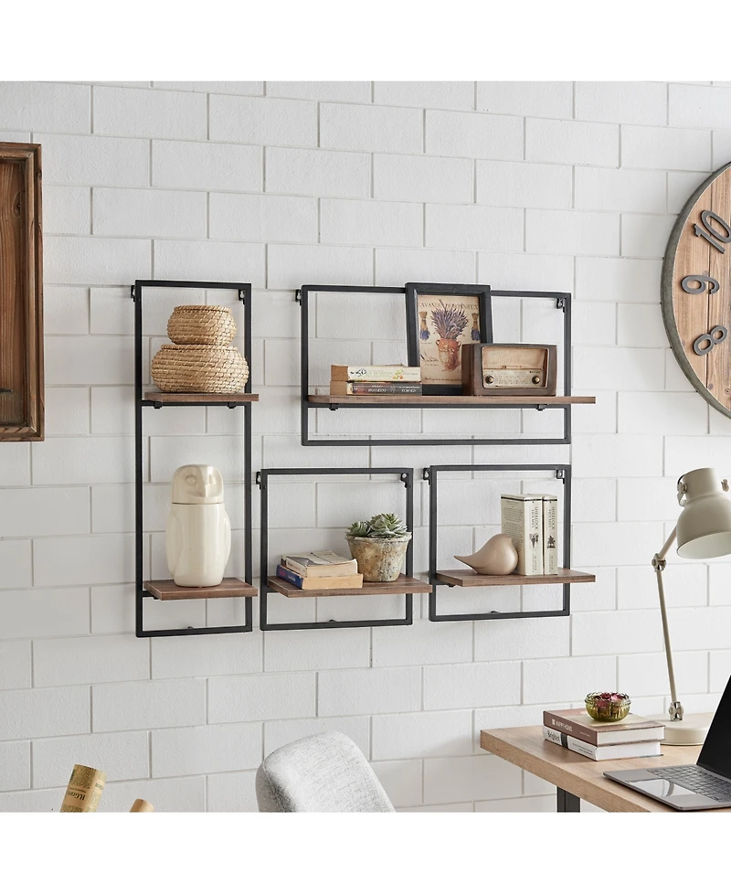 Danya B Framed Wall Art 4-Piece Modern Shelf Set, Black Metal Frame and Rustic Distressed Mdf Shelves