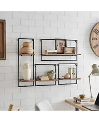 Danya B Framed Wall Art 4-Piece Modern Shelf Set, Black Metal Frame and Rustic Distressed Mdf Shelves