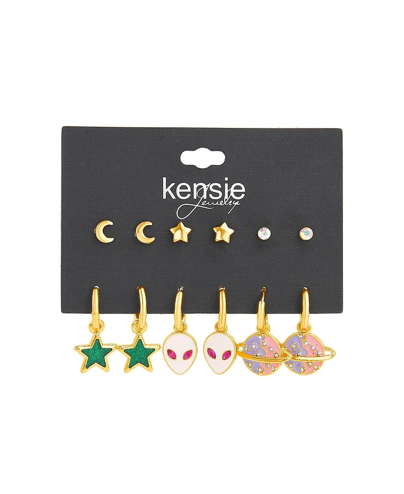 kensie 6 Piece Crescent Moon, Star, Alien and Planet Stud and Drop Earring Set