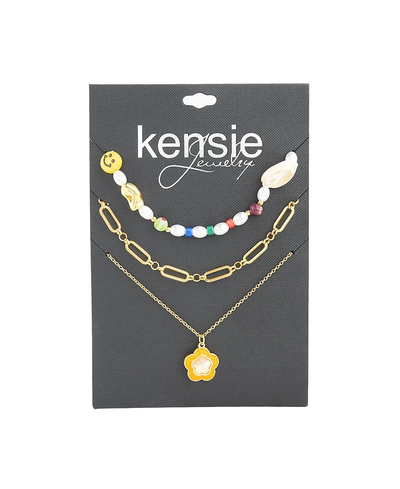 kensie Multi 3 Piece Mixed Beaded and Chain Necklace Set with Flower Charm Pendant
