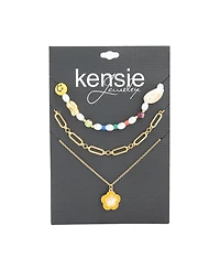 kensie Multi 3 Piece Mixed Beaded and Chain Necklace Set with Flower Charm Pendant