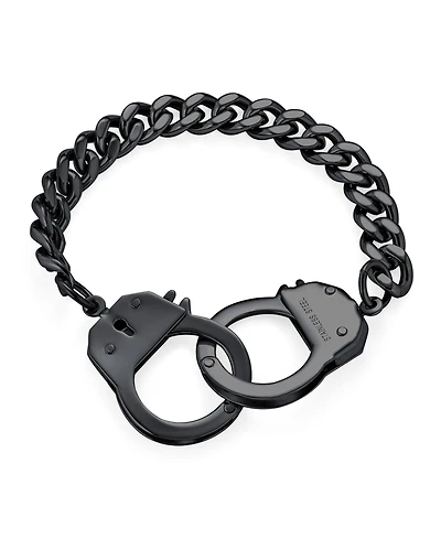 Bling Jewelry Biker Couples Handcuff Statement Bracelet Cuban Curb Chain Black Ip Stainless Steel