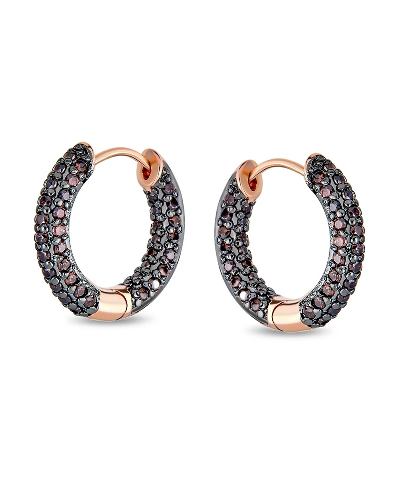Bling Jewelry Formal Party Pink or Brown Pave Cz Inside Out Small Tube Huggie Hoop Earrings Cubic Zirconia Chocolate Rose Gold Black Plated .75 Inch D
