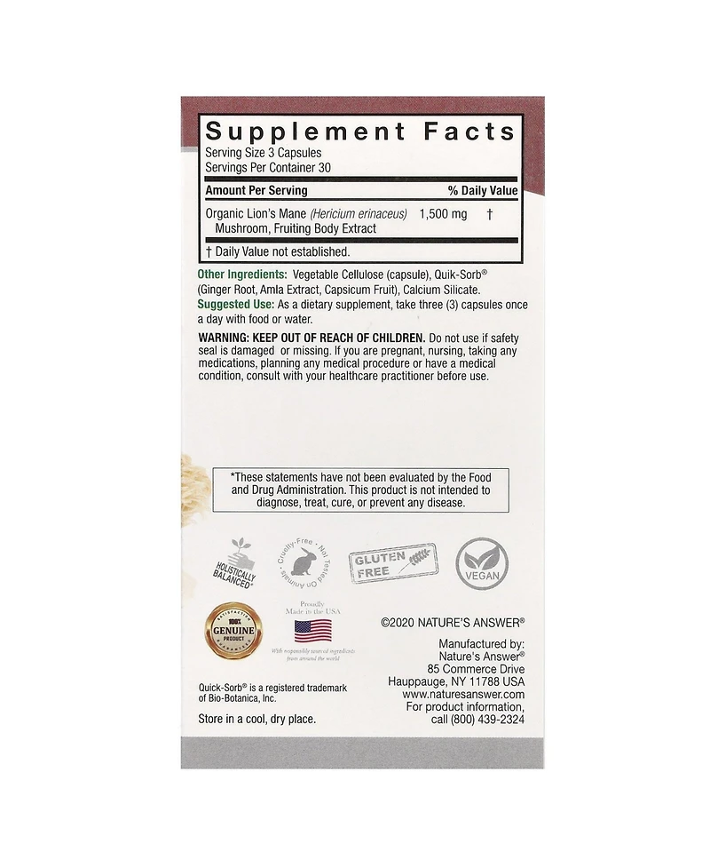 Nature's Answer Lion's Mane - 90 Vegetarian Capsules (500 mg per Capsule)