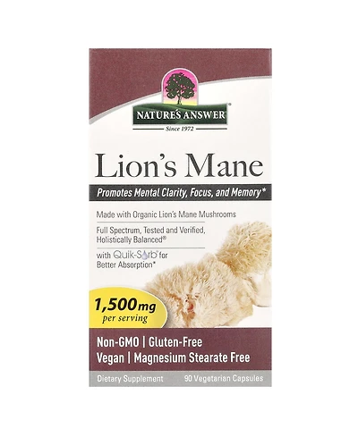 Nature's Answer Lion's Mane - 90 Vegetarian Capsules (500 mg per Capsule)