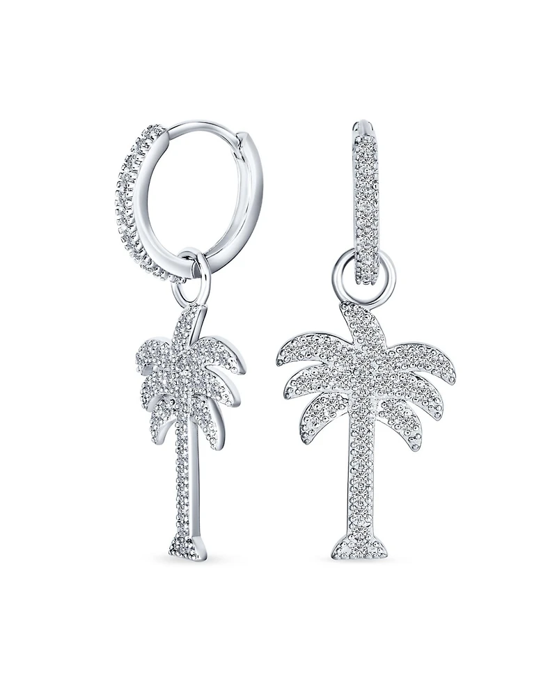 Bling Jewelry Hawaiian Nautical Pave Cz Cubic Zirconia Huggie Mini Hoop Dangle Charm Palm Tree Earrings Sterling Silver