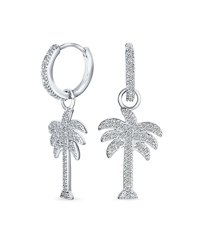 Bling Jewelry Hawaiian Nautical Pave Cz Cubic Zirconia Huggie Mini Hoop Dangle Charm Palm Tree Earrings Sterling Silver
