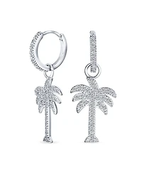 Bling Jewelry Hawaiian Nautical Pave Cz Cubic Zirconia Huggie Mini Hoop Dangle Charm Palm Tree Earrings Sterling Silver