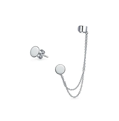 Bling Jewelry Geometric Cartilage Plain Band With Two Chains Ear Warp Cuff Cz Cubic Zirconia Stud Lobe Earring Rose Gold Plated Sterling Silver