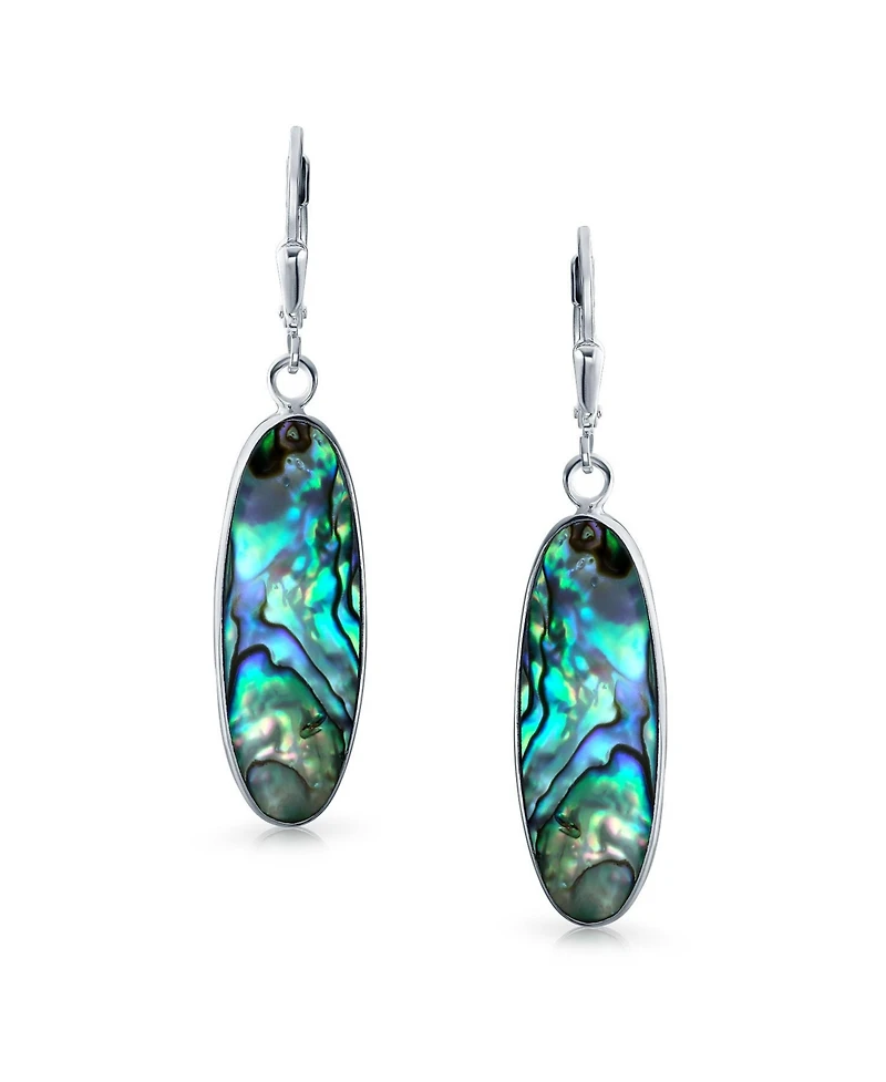 Bling Jewelry Geometric Iridescent Rainbow Abalone Shell Oval Long Dangle Earrings Sterling Silver Lever Back