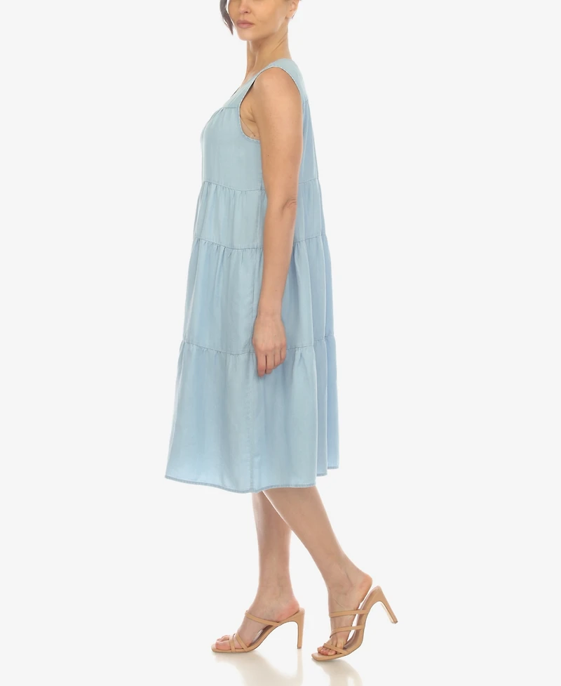 White Mark Women's Sleeveless Tiered Chambray Midi Dress