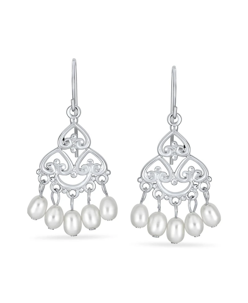 Bling Jewelry White Freshwater Cultured Pearl Filigree Dangle Chandelier Earrings Sterling Silver
