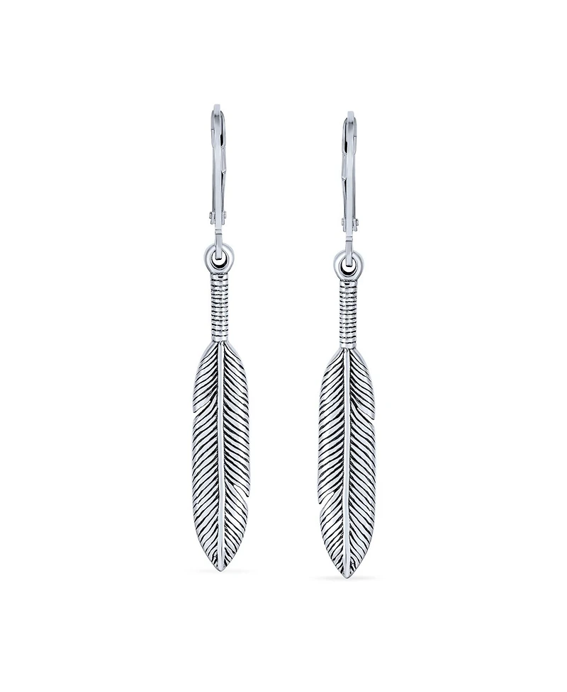 Bling Jewelry Leaf Feather Oxidized Two Tone Lever back Dangle Earrings Oxidized Sterling Silver