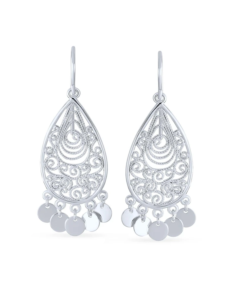 Bling Jewelry Moroccan Fashion Tear Shape Dangling Coins Statement Chandelier Earrings Sterling Silver