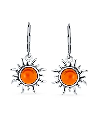 Bling Jewelry Tropical Vacation Beach Sun Rise Natural Amber Round Sunburst Dangle Drop Earrings Lever back Oxidized Sterling Silver