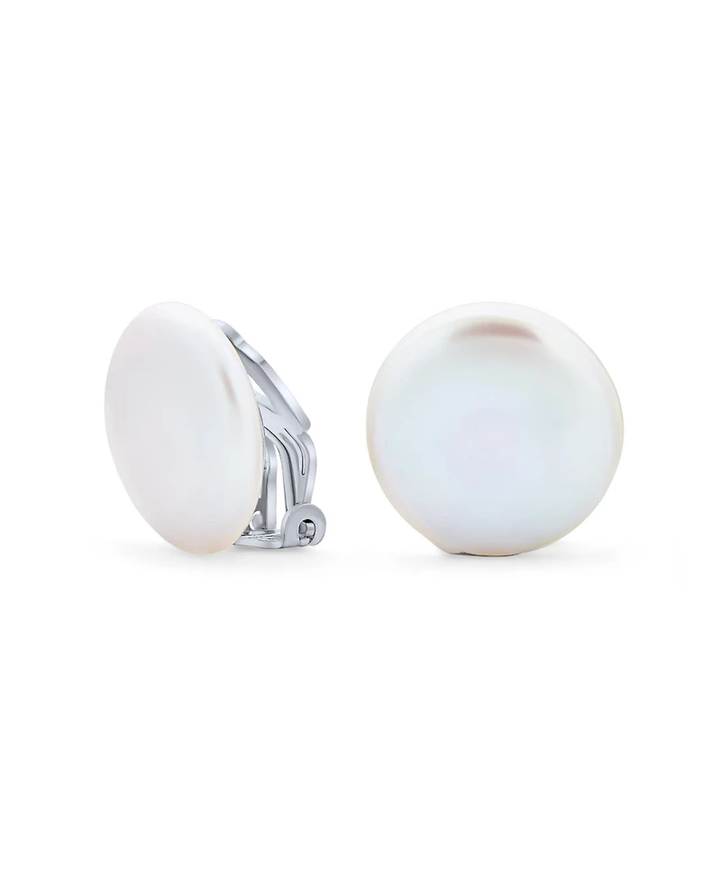 Bling Jewelry White Biwa Coin Freshwater Cultured Pearl Clip On Earrings Non Pierced Ear Sterling Silver
