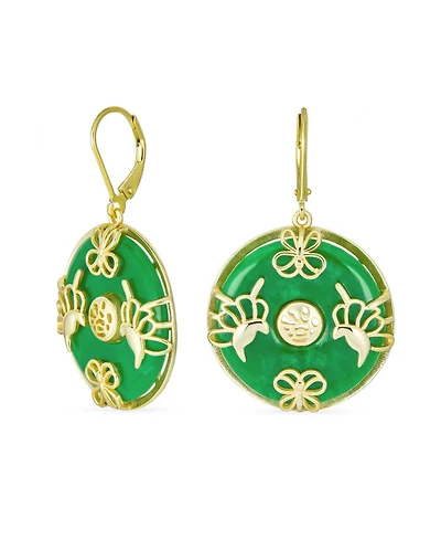 Bling Jewelry Asian Style Dangle Circle Round Donut Good Fortune Light Green Natural Jade Butterfly Disc Drop Statement Earrings 14K Gold Overlay Ster