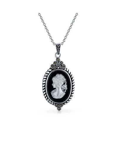 Bling Jewelry Estate Style Black Mother of Pearl Shell White Carved Victorian Lady Portrait Cameo Pendant Necklace For Women Natural Marcasite Frame O
