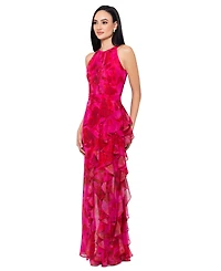 Betsy & Adam Women's Printed Ruffled Halter Gown