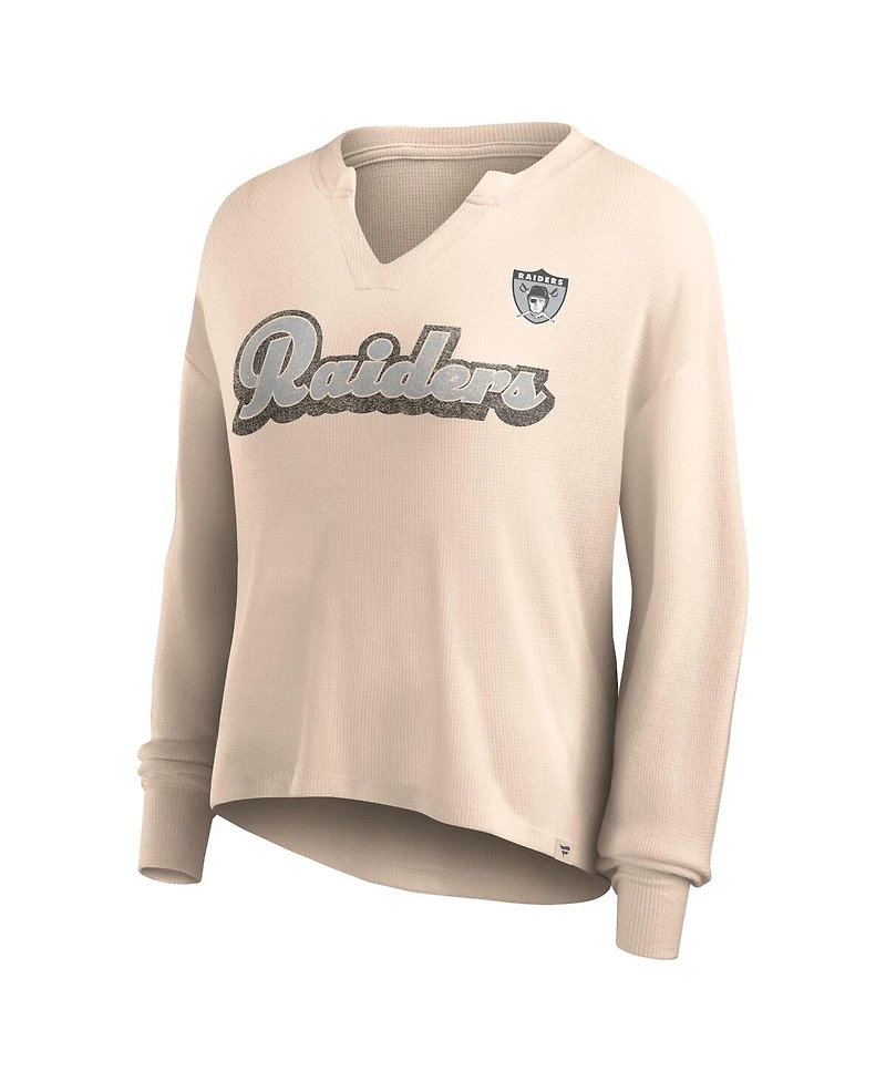 Women's Fanatics Tan Distressed Las Vegas Raiders Go For It Notch Neck Waffle Knit Lightweight Long Sleeve T-shirt