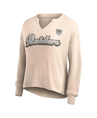 Women's Fanatics Tan Distressed Las Vegas Raiders Go For It Notch Neck Waffle Knit Lightweight Long Sleeve T-shirt