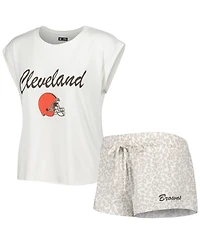 Women's Concepts Sport White, Cream Cleveland Browns Montana Knit T-Shirt and Shorts Sleep Set