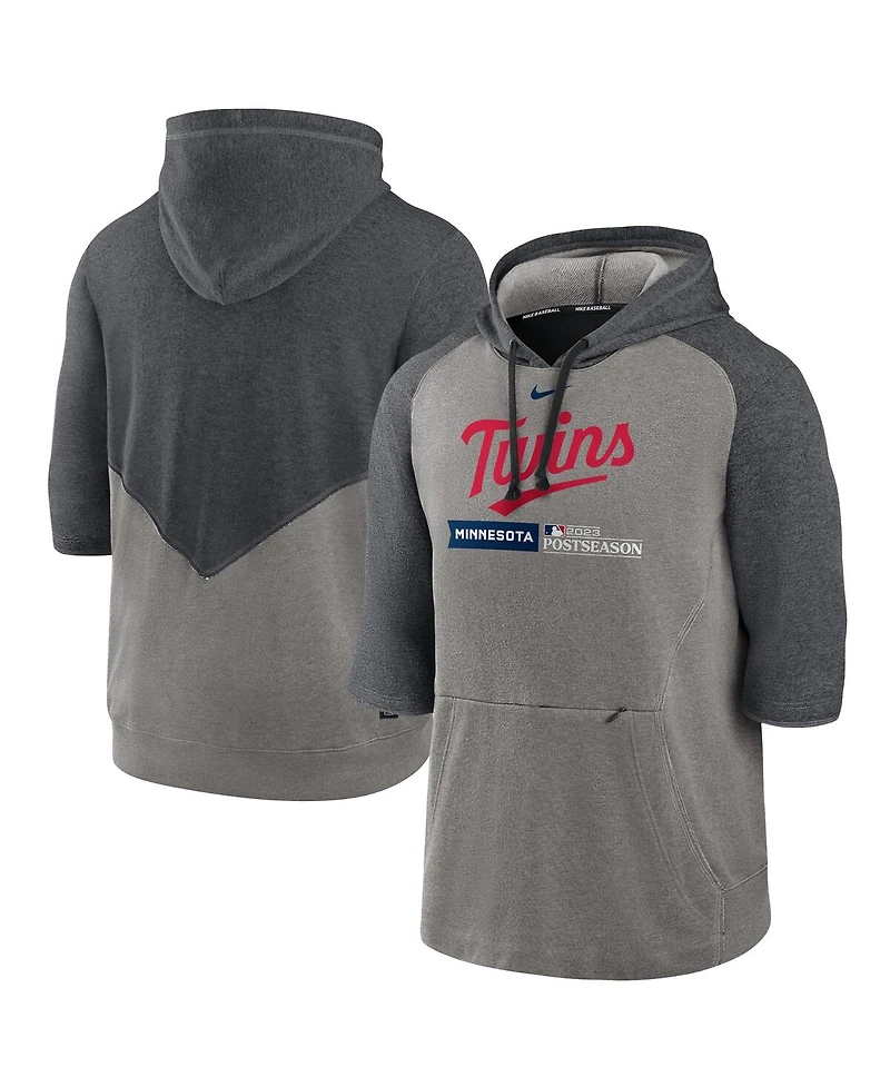 Men's Nike Heather Gray, Charcoal Minnesota Twins 2023 Postseason Authentic Collection Flux Performance 3/4-Sleeve Pullover Hoodie