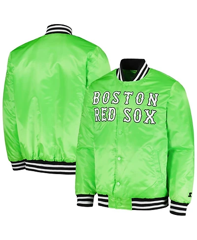 Men's Starter Neon Green Boston Red Sox Cross Bronx Fashion Satin Full-Snap Varsity Jacket