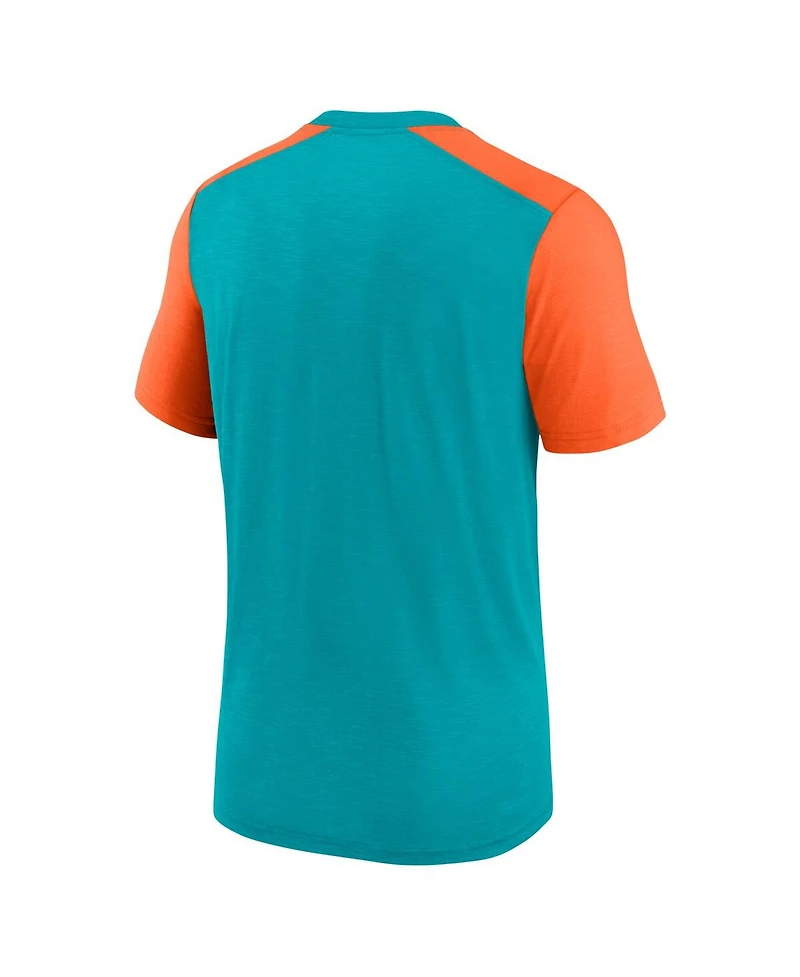 Men's Nike Heathered Aqua, Heathered Orange Miami Dolphins Color Block Team Name T-shirt